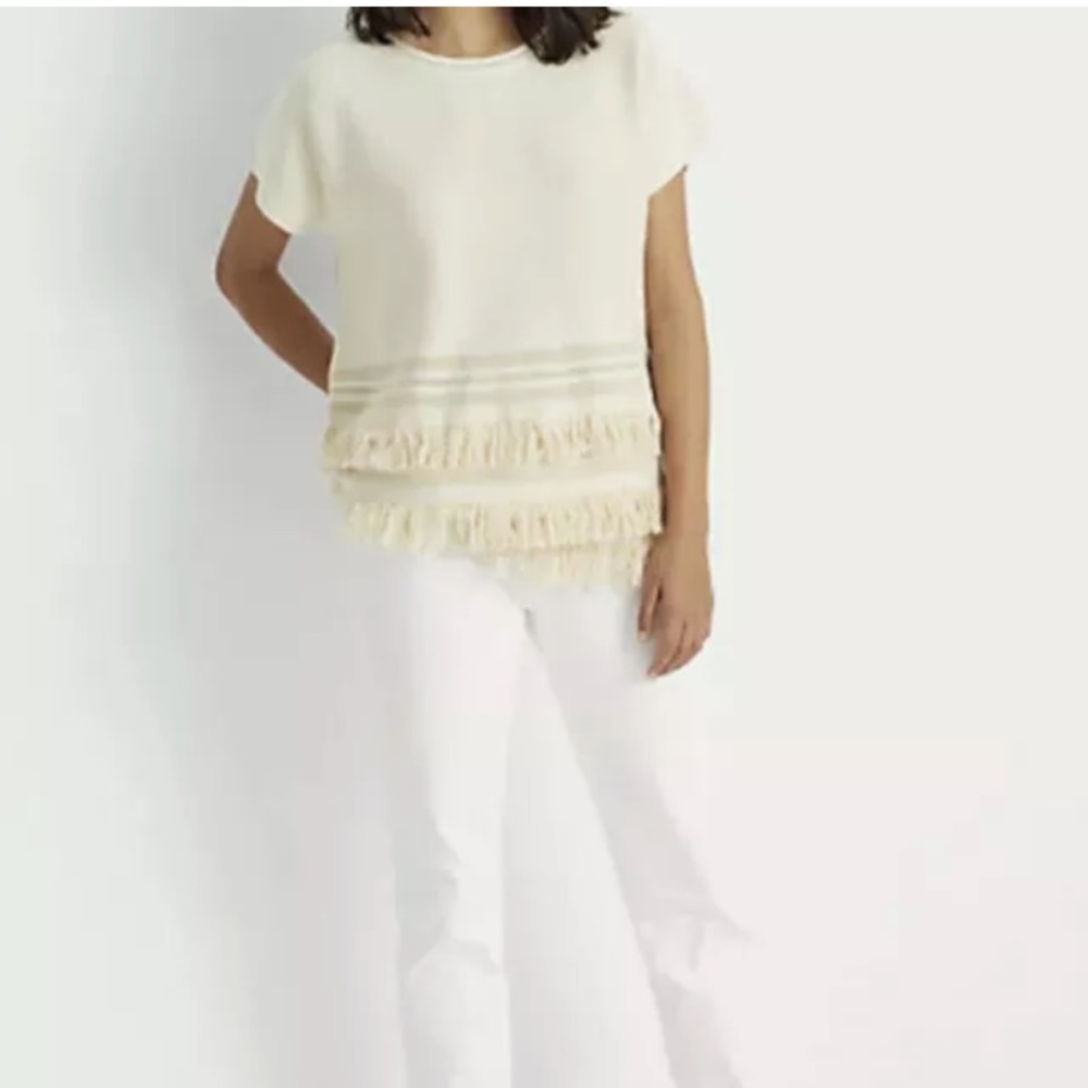 Lauren Ralph Lauren Cream Fringe Short-Sleeve Sweater